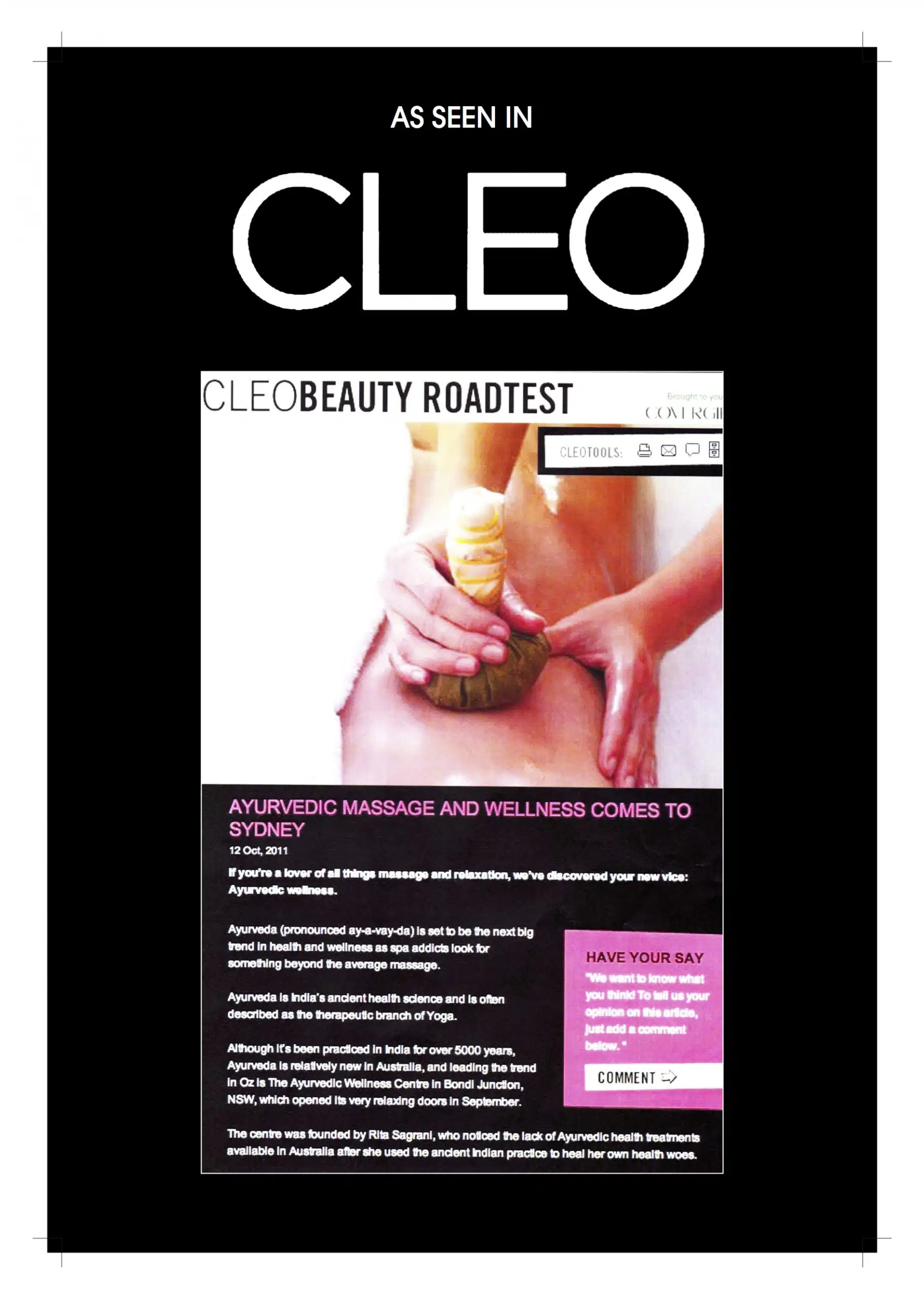 Cleo magazine artice about ayurvedic wellness centre